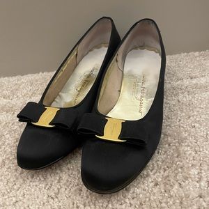 Black Satin Ferragamo Vara Pumps